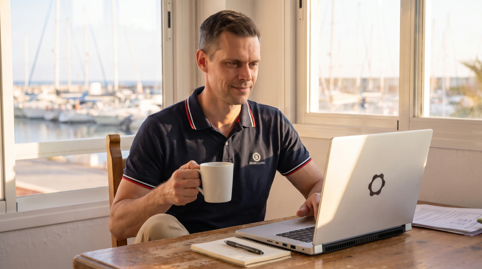 Ilya Kravtsov at his laptop, marina window behind, Zapier logo faded on screen