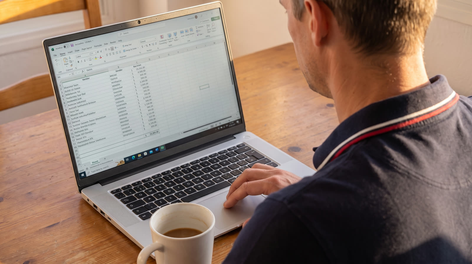 Ilya Kravtsov at a laptop with a spreadsheet of hours, a coffee, a marina in the background