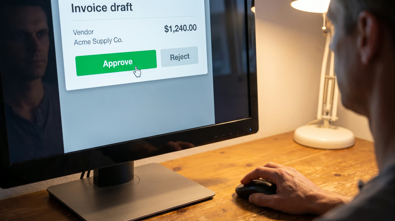 A screen showing an invoice draft with a green Approve button, human hand near mouse