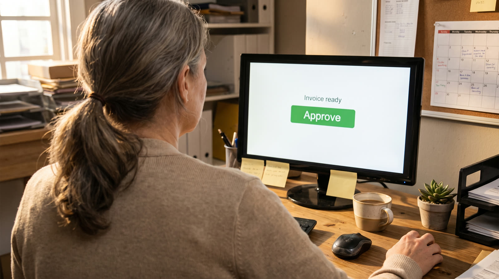 An office manager smiling at a single big green button on her screen, everything else stripped away