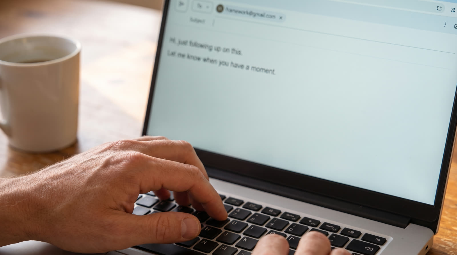 A friendly two-line email visible on screen requesting a client for permission to share their name